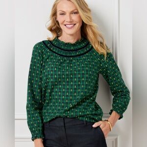 TALBOTS WOMEN’S VELVET TRIM RUFFLE POPOVER - BLACK WATCH TARTAN SIZE M GREEN